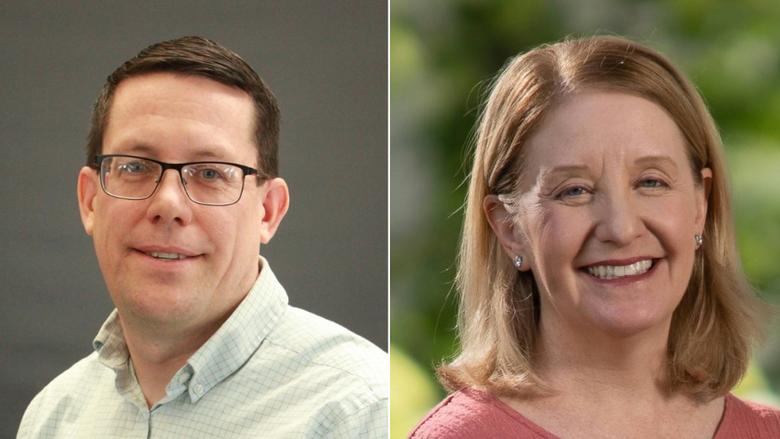 photo portraits of woman on left side man on right side